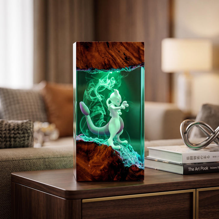 Mewt0w Resin Lamp – Psychic Legendary Creature Combat Pose Epoxy Night Light, Handmade Wood Resin Art, Anime Gaming Gift For Him