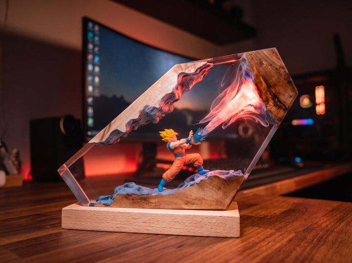 G0ku Super Saiyan Resin Lamp – Kamehameha Dr4gon Ball Epoxy Night Light, DBZ Handmade Wood LED Art, Anime Gaming Gift For Him