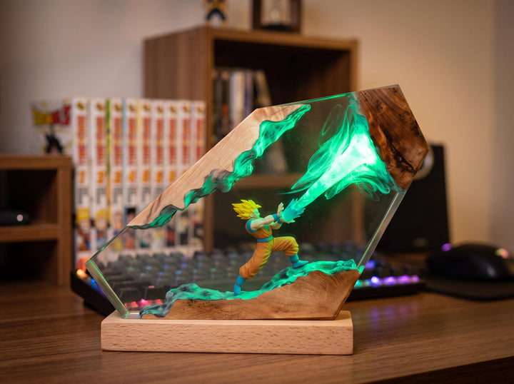 G0ku Super Saiyan Resin Lamp – Kamehameha Dr4gon Ball Epoxy Night Light, DBZ Handmade Wood LED Art, Anime Gaming Gift For Him