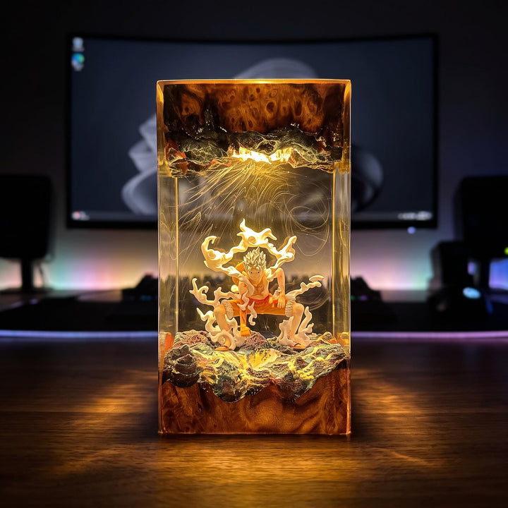 1uffy Ge4r 5 Resin Lamp - Legendary Warrior Epoxy Night Light Tower, Handmade Burl Wood Resin Art, 0ne Piece Gift For Him