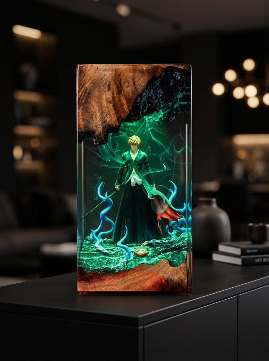 Ichig0 Bl3ach Resin Lamp - Soul Reaper Epoxy Night Light Tower, Handmade Burl Wood Resin Art, Anime Gift For Him