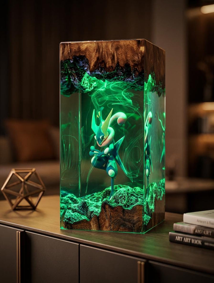 Gren1nja P0kemon Resin Lamp - Ninja Frog Type Epoxy Night Light Tower, Handmade Burl Wood Resin Art, P0kemon Gift For Him