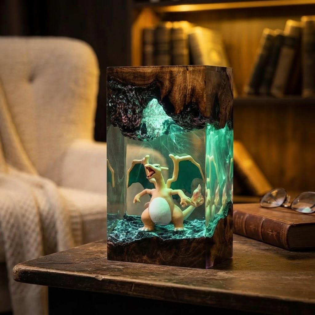 Plkachu Autumn Forest Resin Lamp – P0kemon Cute Electric Epoxy Night Light Tower, Handmade Wood Resin Art, P0kemon Gift For Her