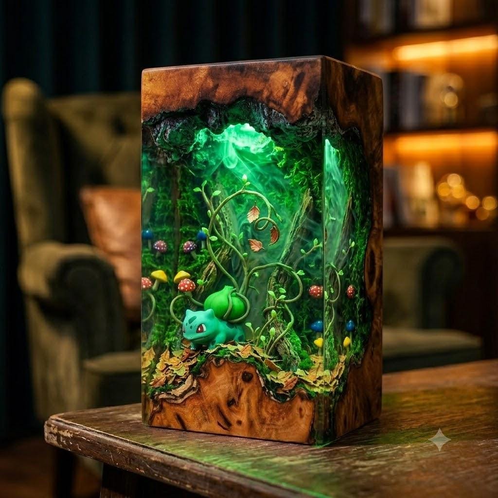 Plkachu Autumn Forest Resin Lamp – P0kemon Cute Electric Epoxy Night Light Tower, Handmade Wood Resin Art, P0kemon Gift For Her