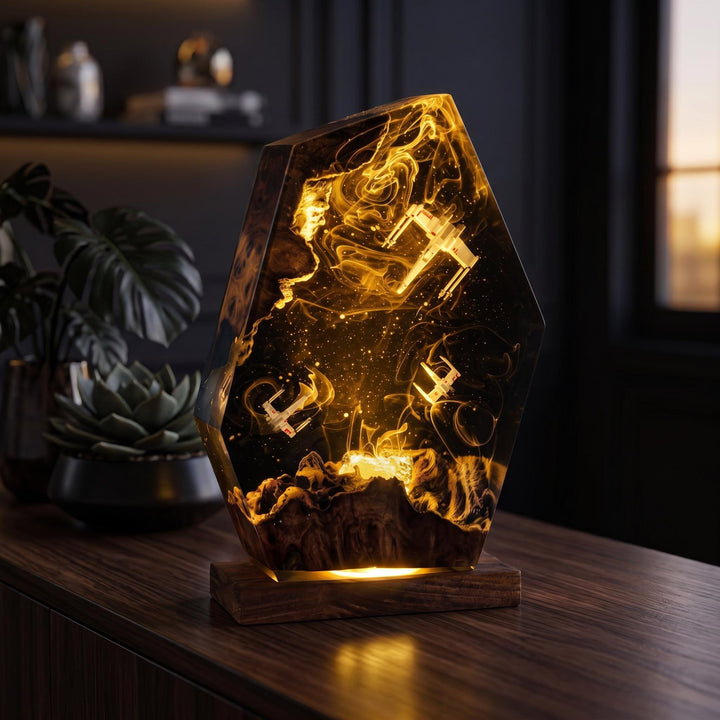 Millennium Falcon &amp;amp; X-Wing Resin Lamp – Star Wars Space Battle Epoxy Night Light, Handmade Wood LED Art, Sci-Fi Gaming Gift For Him