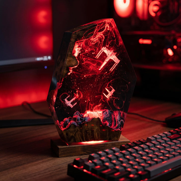 Millennium Falcon &amp;amp; X-Wing Resin Lamp – Star Wars Space Battle Epoxy Night Light, Handmade Wood LED Art, Sci-Fi Gaming Gift For Him