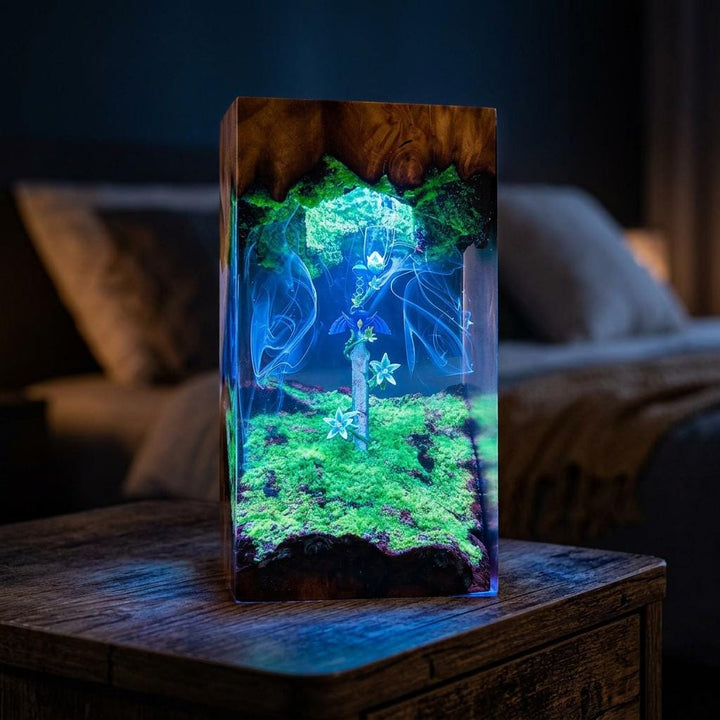 Master Sword Zelda Resin Lamp – Legendary Sword Mystic Forest Epoxy Night Light, Handmade Wood Resin Art, Zelda Gaming Gift