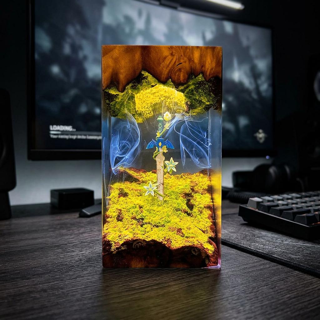 Master Sword Zelda Resin Lamp – Legendary Sword Mystic Forest Epoxy Night Light, Handmade Wood Resin Art, Zelda Gaming Gift