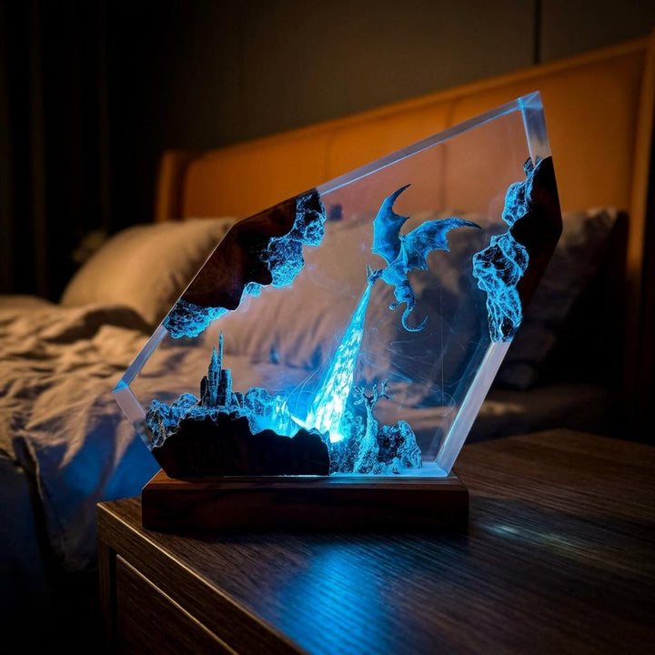 Drogon Resin Lamp – Game of Thrones Dragon Fire Epoxy Night Light, Daenerys Medieval Fantasy Handmade Wood LED Art, Gift For Him