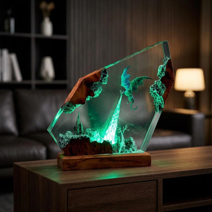 Drogon Resin Lamp – Game of Thrones Dragon Fire Epoxy Night Light, Daenerys Medieval Fantasy Handmade Wood LED Art, Gift For Him