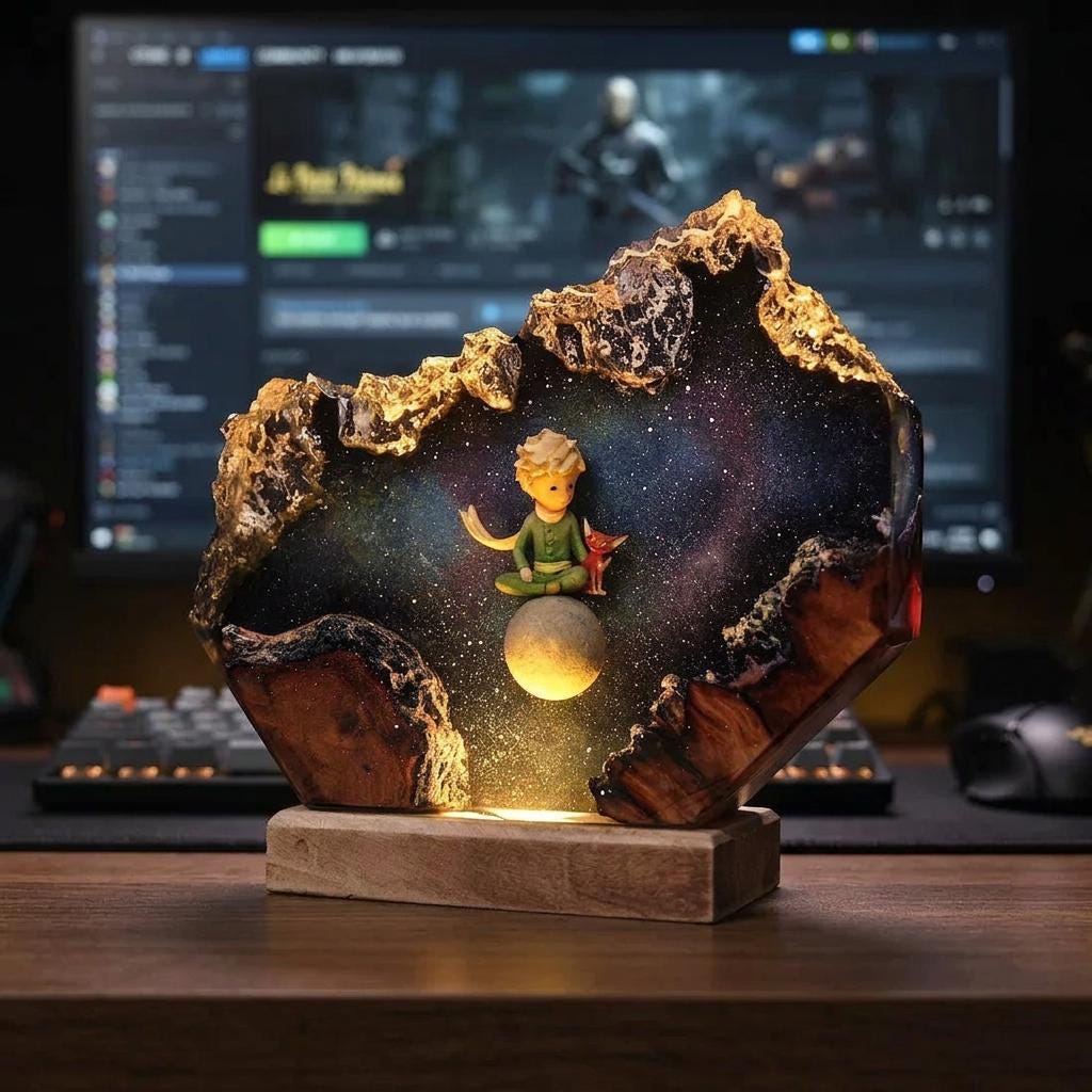 The Little Prince Resin Lamp, Little Prince Fox Starry Planet Epoxy Night Light, Handmade Wood Resin Art, Gift For Her