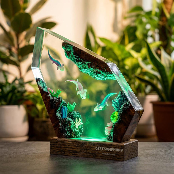 Axolotl Trio Resin Lamp – Coral Reef Ocean Epoxy Night Light, Handmade Wood Resin Art, Sea Creature Gift For Her
