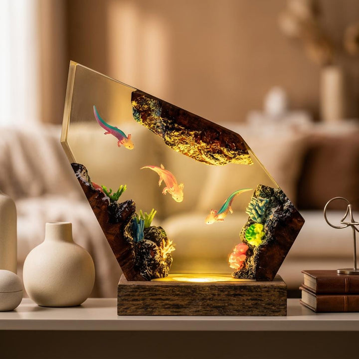 Axolotl Trio Resin Lamp – Coral Reef Ocean Epoxy Night Light, Handmade Wood Resin Art, Sea Creature Gift For Her
