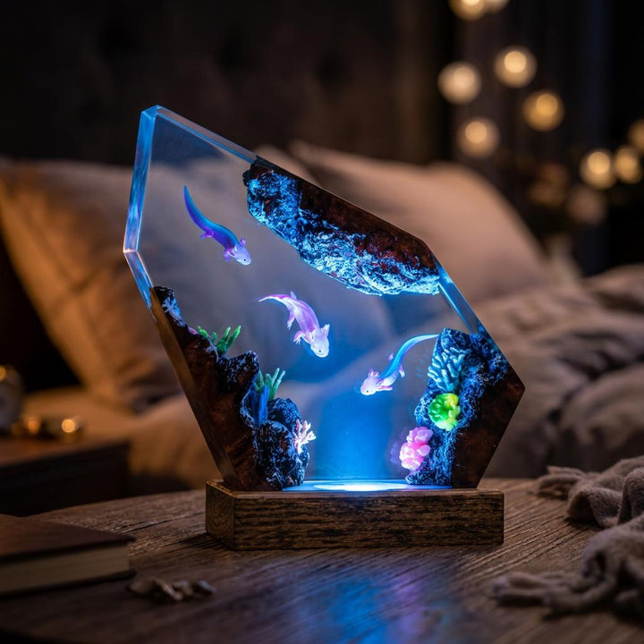 Axolotl Trio Resin Lamp – Coral Reef Ocean Epoxy Night Light, Handmade Wood Resin Art, Sea Creature Gift For Her