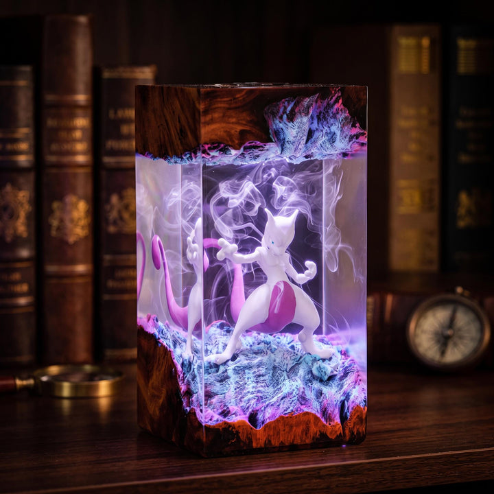 Mewt0w Resin Lamp – Psychic Legendary Creature Combat Pose Epoxy Night Light, Handmade Wood Resin Art, Anime Gaming Gift For Him