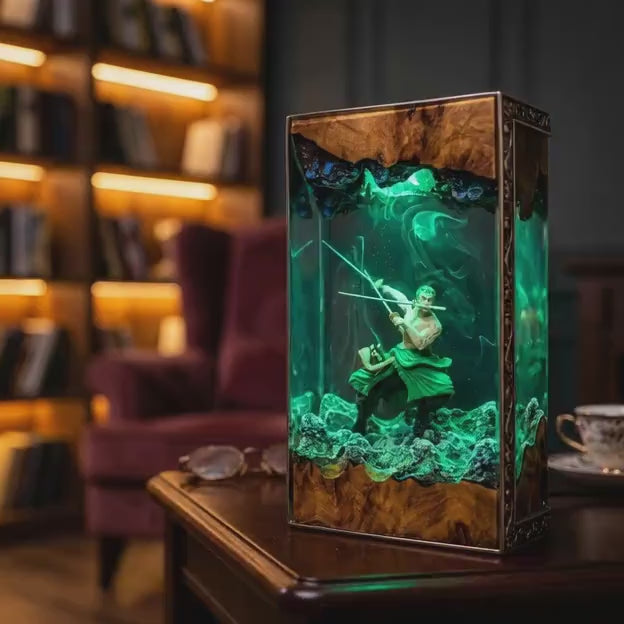 Zoro Three Sword Style Resin Lamp – One Piece Swordsman Epoxy Night Light, Handmade Wood Resin Art, Anime Manga Gift For Him