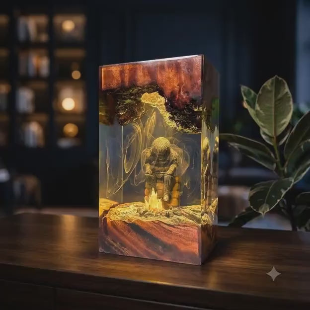 Dark Souls &amp;amp; Elden Ring Bonfire Resin Lamp – FromSoftware Warrior Campfire Epoxy Night Light Tower, Handmade Wood Resin Art, RPG Gift