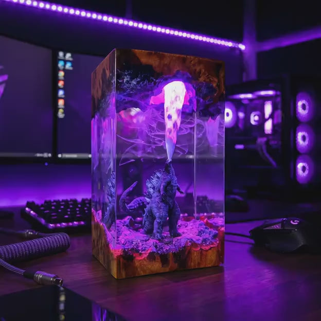 King Kaiju Resin Lamp – Giant Monster Atomic Epoxy Night Light, Godzilla Style Handmade Wood LED Art, Sci-Fi Gaming Gift for Him