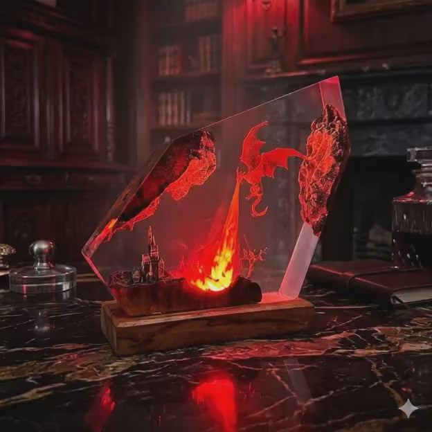 Drogon Resin Lamp – Game of Thrones Dragon Fire Epoxy Night Light, Daenerys Medieval Fantasy Handmade Wood LED Art, Gift For Him