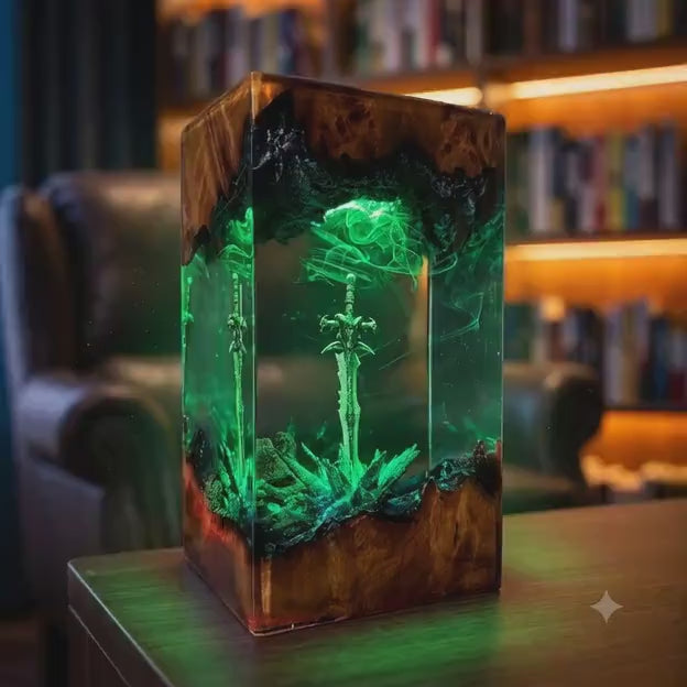 Legendary Fantasy Sword Resin Lamp – Enchanted Mystic Blade Epoxy Night Light, Handmade Wood LED Art, Fantasy RPG Epic Gaming Gift For Him