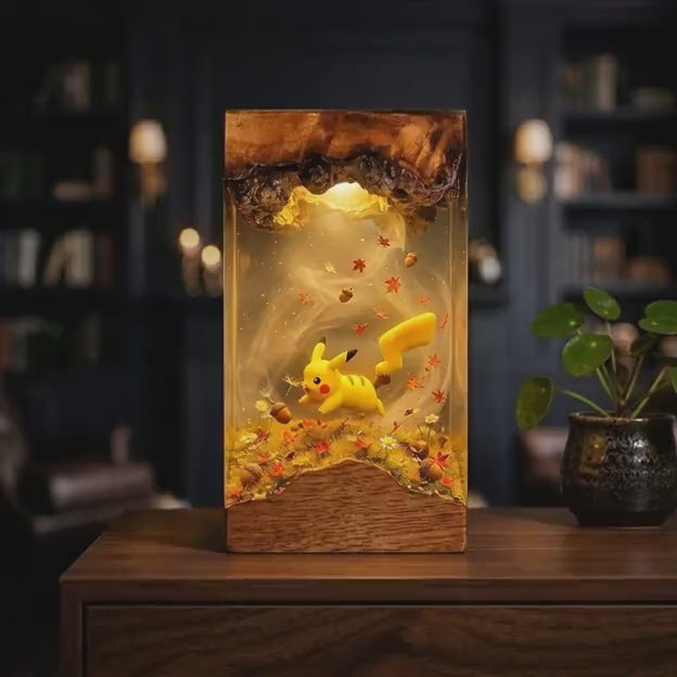 Plkachu Autumn Forest Resin Lamp – P0kemon Cute Electric Epoxy Night Light Tower, Handmade Wood Resin Art, P0kemon Gift For Her